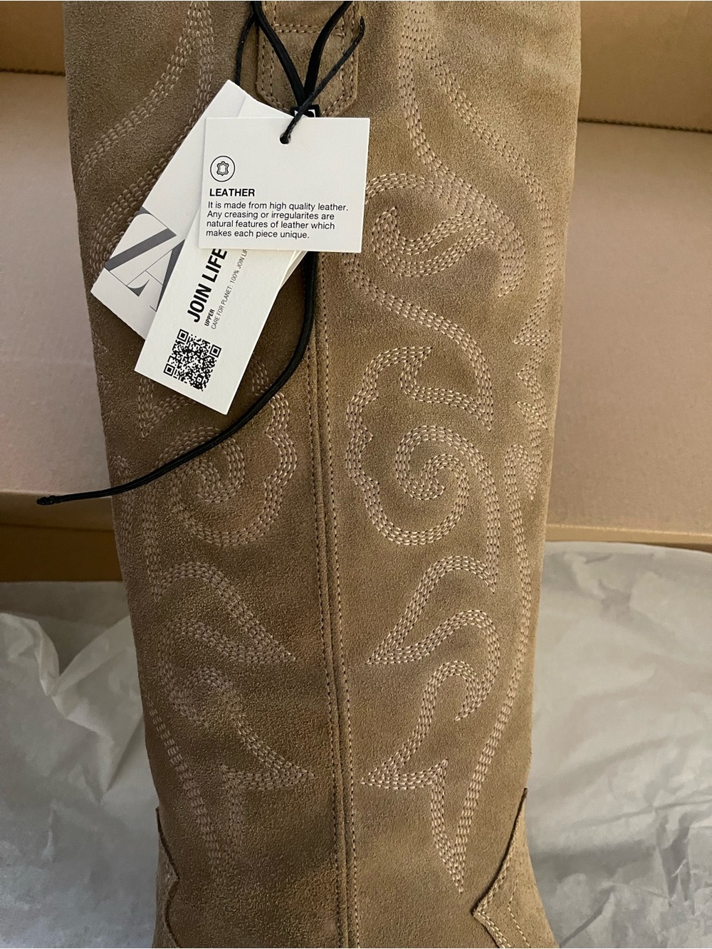 Zara Taupe Suede Knee-High Western Embroidered Boot - Picture 4 of 6